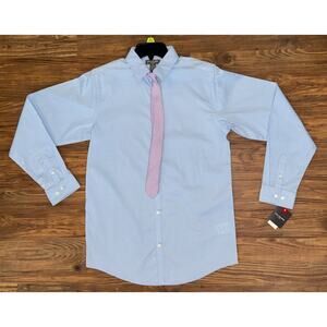 Van Heusen Blue And White Long Sleeve Boys Button Up With Tie XL